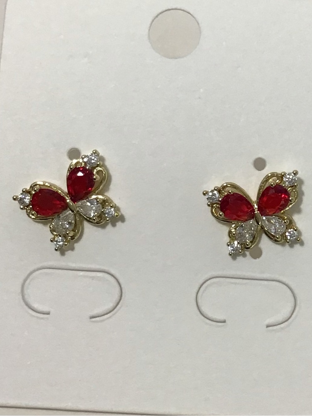 Gold Butterfly Stud Earrings with Red Crystal Wings